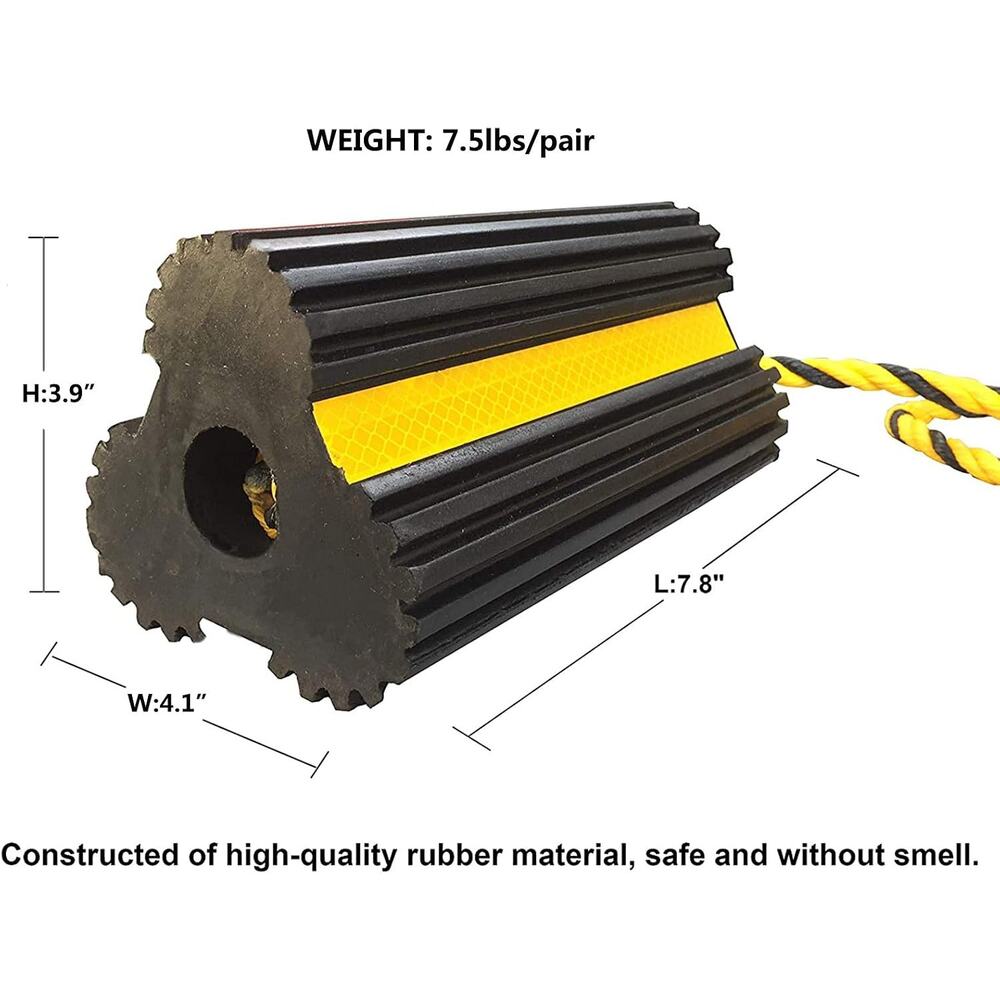 Heavy Duty Rubber Dual Wheel Chocks, Stoppers, Nylon Rope Yellow Reflective Tape - Picture 2 of 6